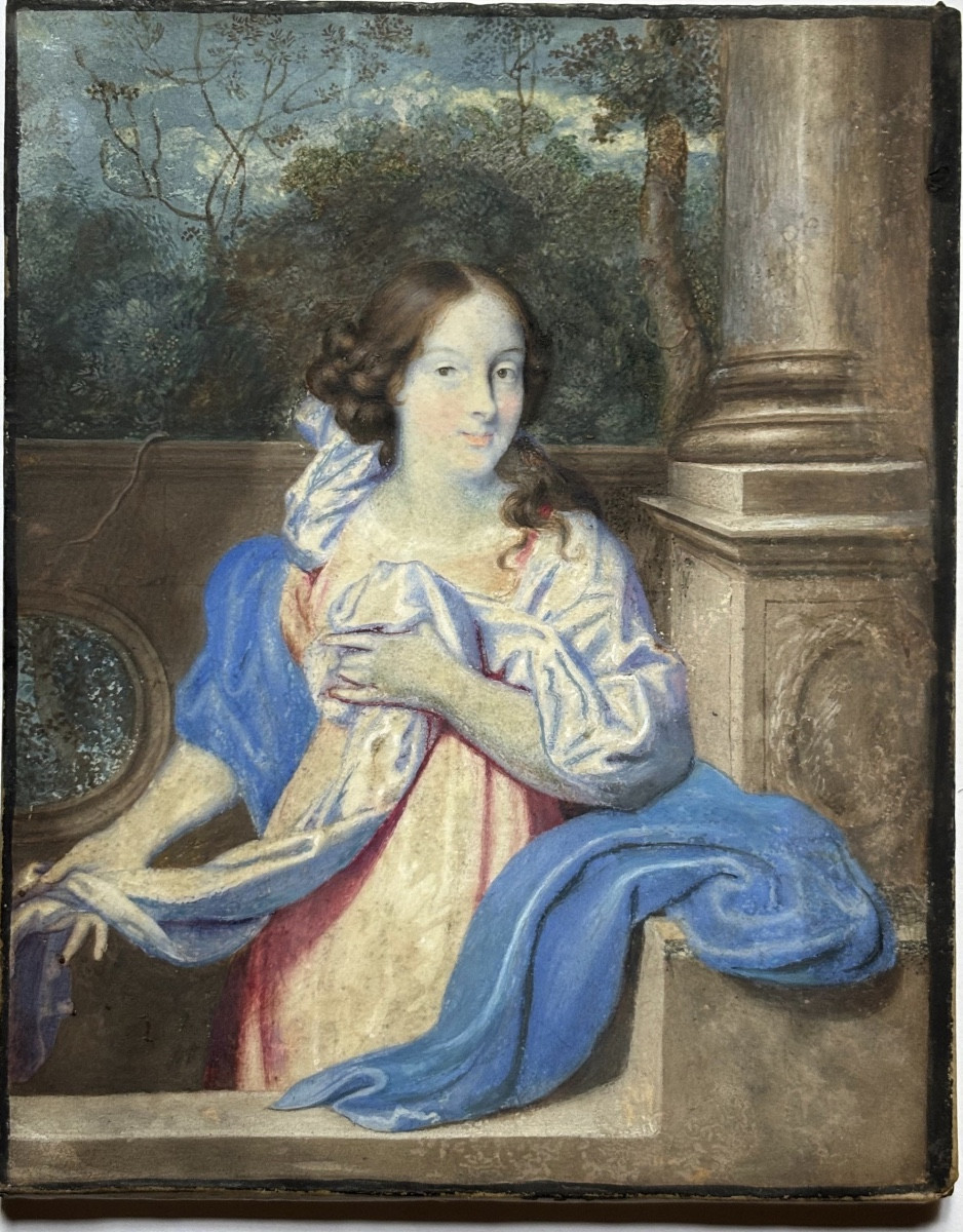 Portrait de l’école hollandaise, vers 1670, jeune dame dans le jardin devant une balustrade
