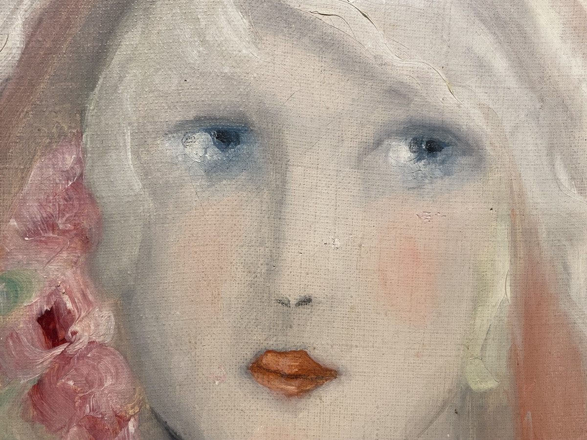 Suiveur de Marie Laurencin, portrait féminin à la rose, huile sur toile, 34,5 x 40,5cm-photo-4