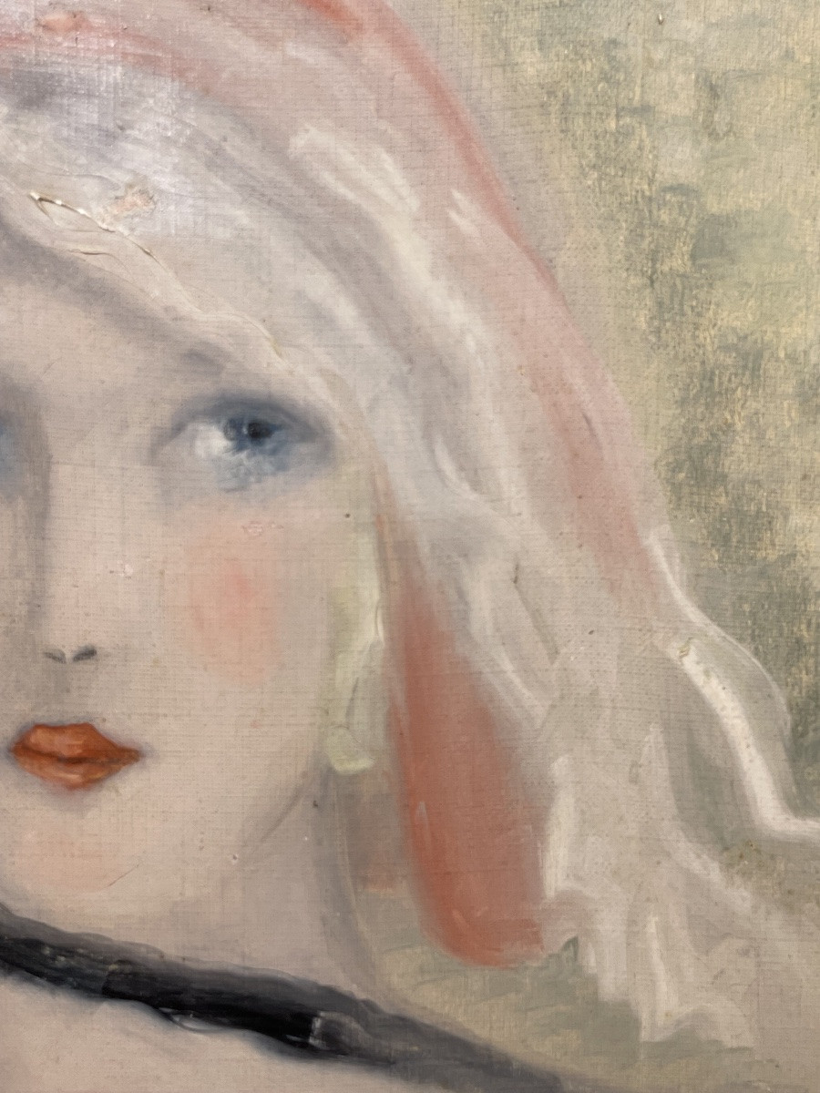 Suiveur de Marie Laurencin, portrait féminin à la rose, huile sur toile, 34,5 x 40,5cm-photo-2