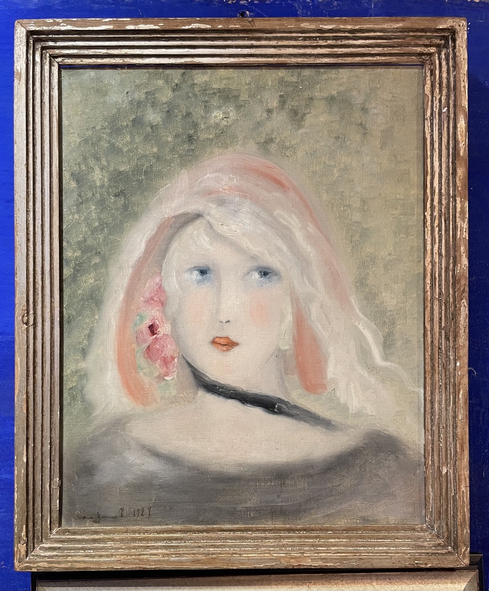 Suiveur de Marie Laurencin, portrait féminin à la rose, huile sur toile, 34,5 x 40,5cm-photo-7