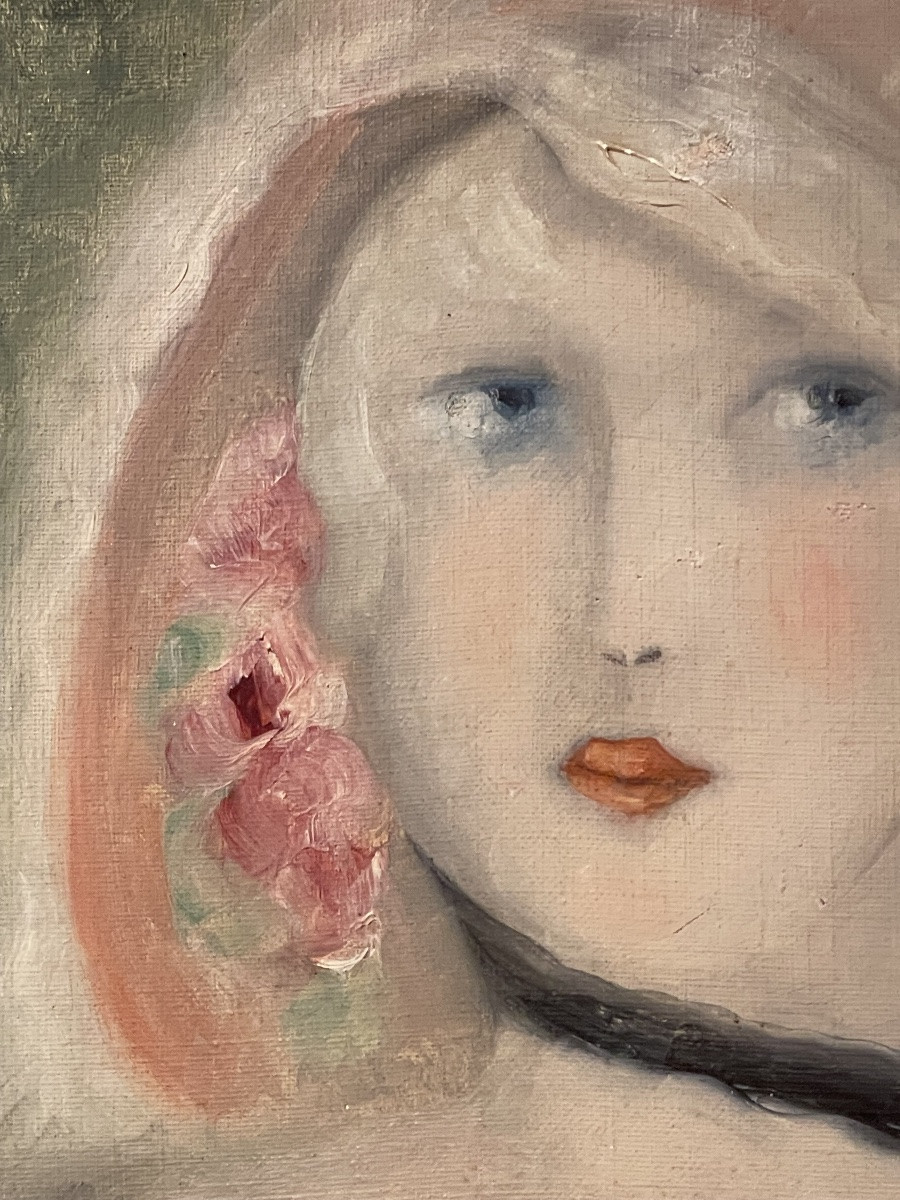 Suiveur de Marie Laurencin, portrait féminin à la rose, huile sur toile, 34,5 x 40,5cm-photo-8