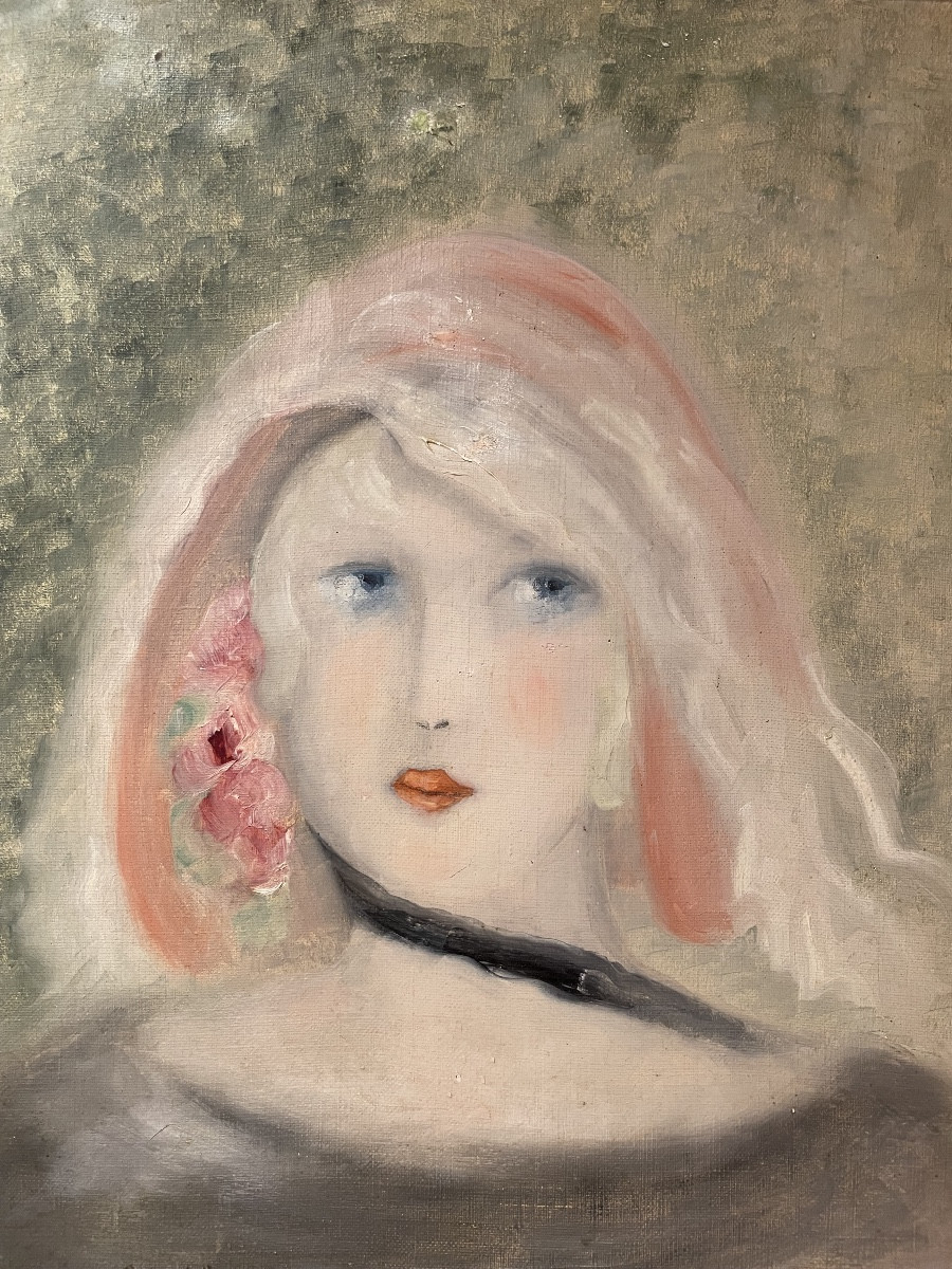 Suiveur de Marie Laurencin, portrait féminin à la rose, huile sur toile, 34,5 x 40,5cm