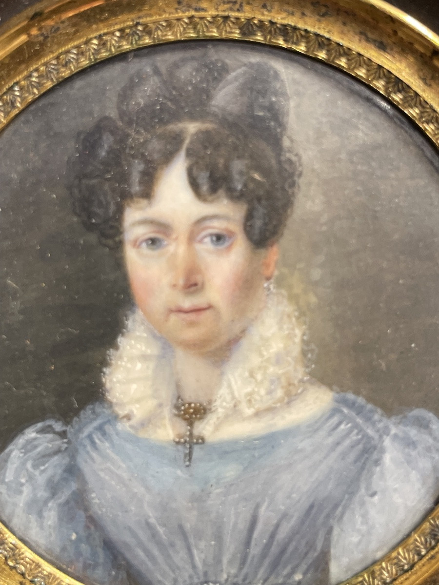 Portrait Miniature Of A Lady In Blue Dress With Tulle Ruffled Collar, Restoration C.1820 -photo-4