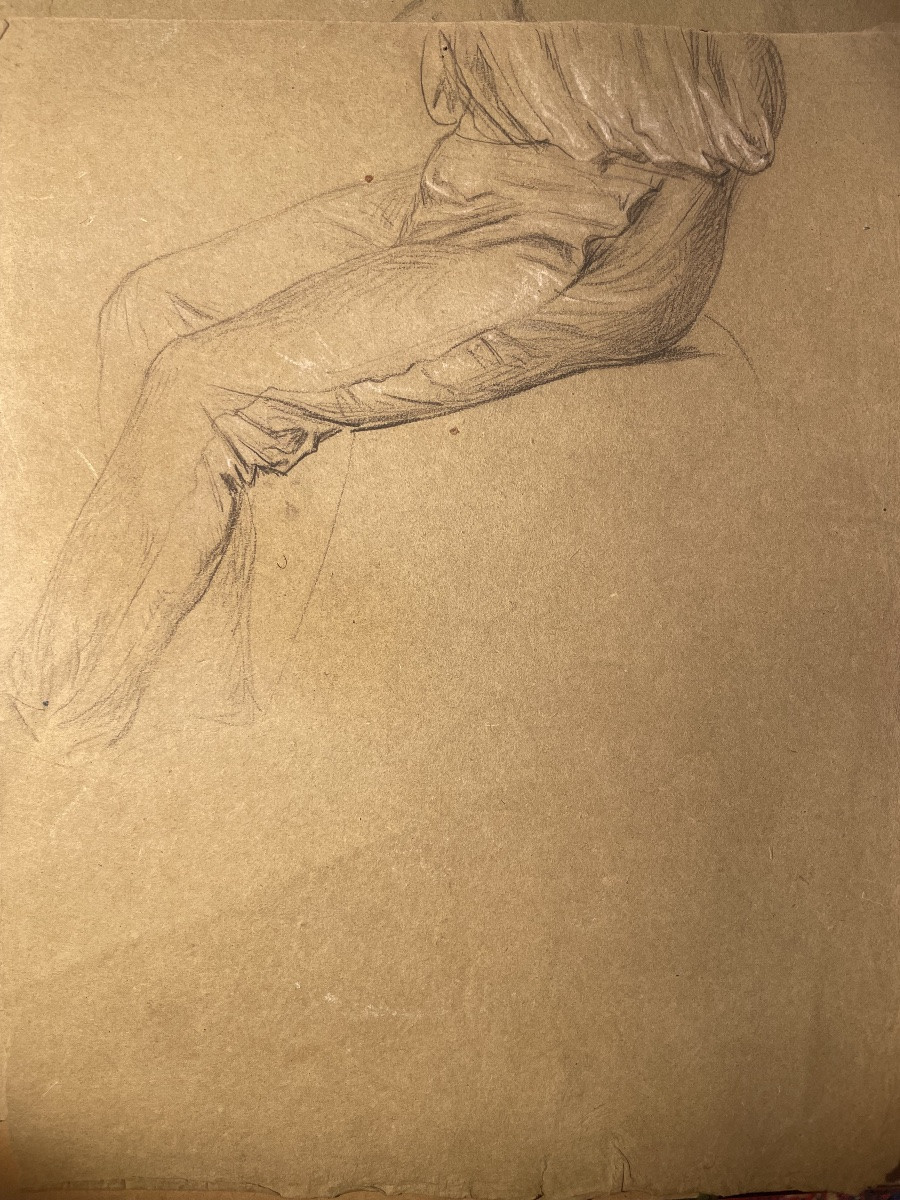 Trois études académiques masculines sur papier vert – nu, drapé et tête barbue, XIXe s.-photo-1