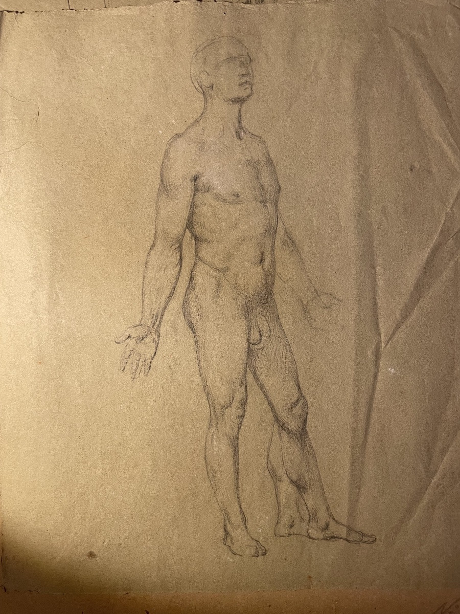 Trois études académiques masculines sur papier vert – nu, drapé et tête barbue, XIXe s.-photo-2