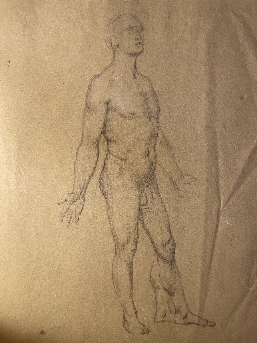 Trois études académiques masculines sur papier vert – nu, drapé et tête barbue, XIXe s.-photo-3