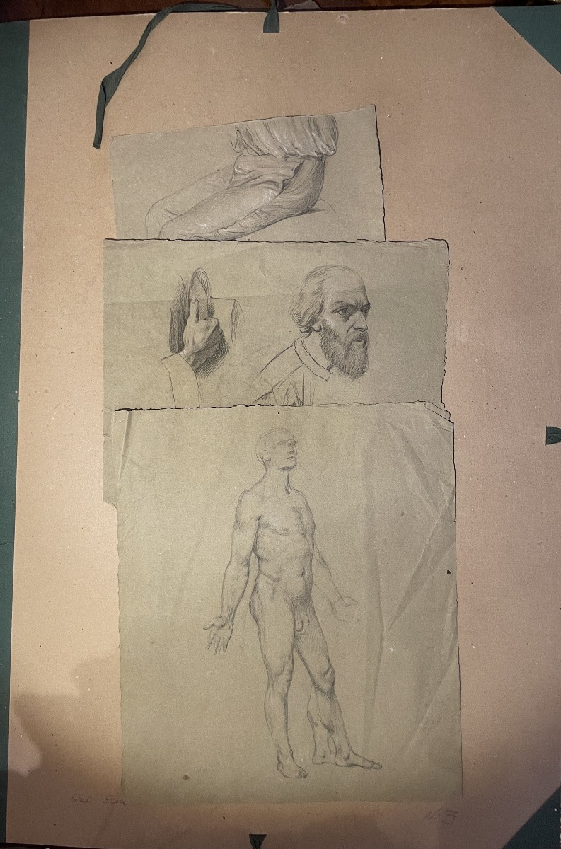 Trois études académiques masculines sur papier vert – nu, drapé et tête barbue, XIXe s.-photo-4