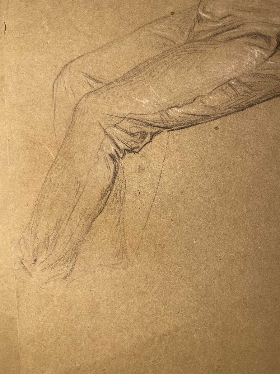 Trois études académiques masculines sur papier vert – nu, drapé et tête barbue, XIXe s.-photo-5