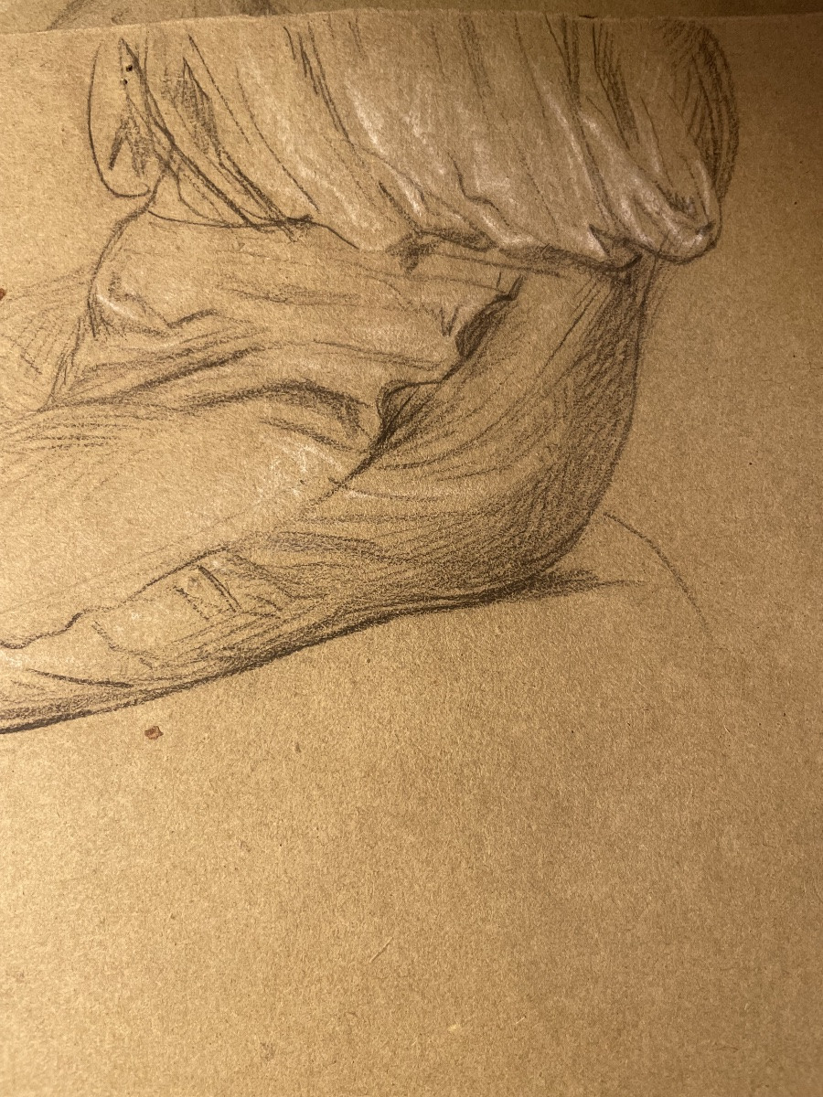 Trois études académiques masculines sur papier vert – nu, drapé et tête barbue, XIXe s.-photo-6