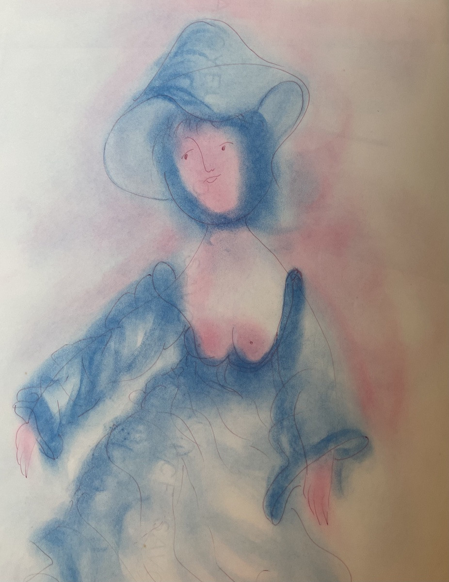 Antonio Monasterio – Femme en robe bleue avec chapeau, pastel signé, N. 11  -photo-2
