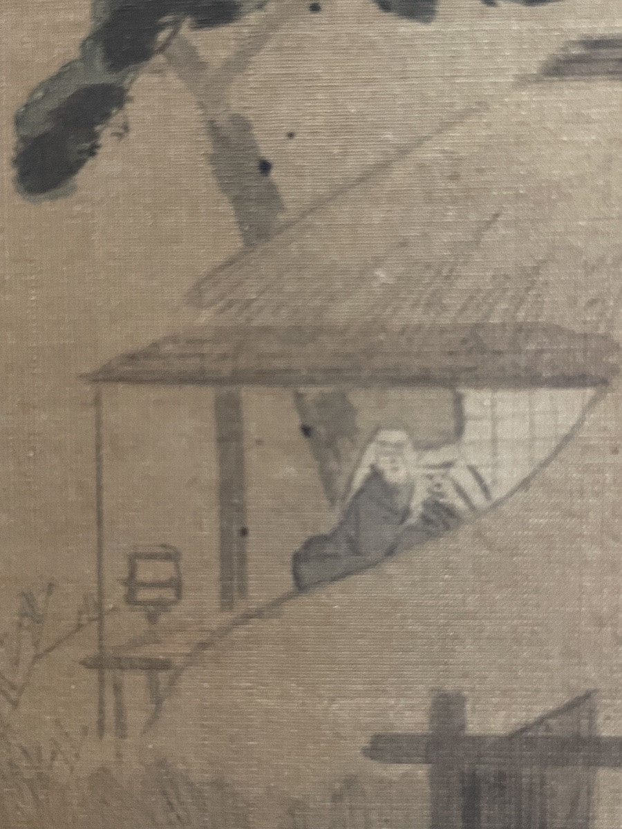 Peinture japonaise sur soie Meiji, femme en kimono ancien à obi rouge, 31 x 38 cm-photo-3