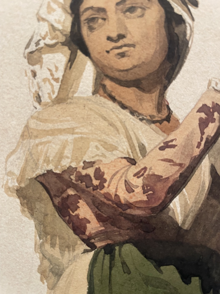 Italian Peasant Woman, Tivoli, 19th Century, Watercolor And Pencil On Paper 29 X 21.-photo-3