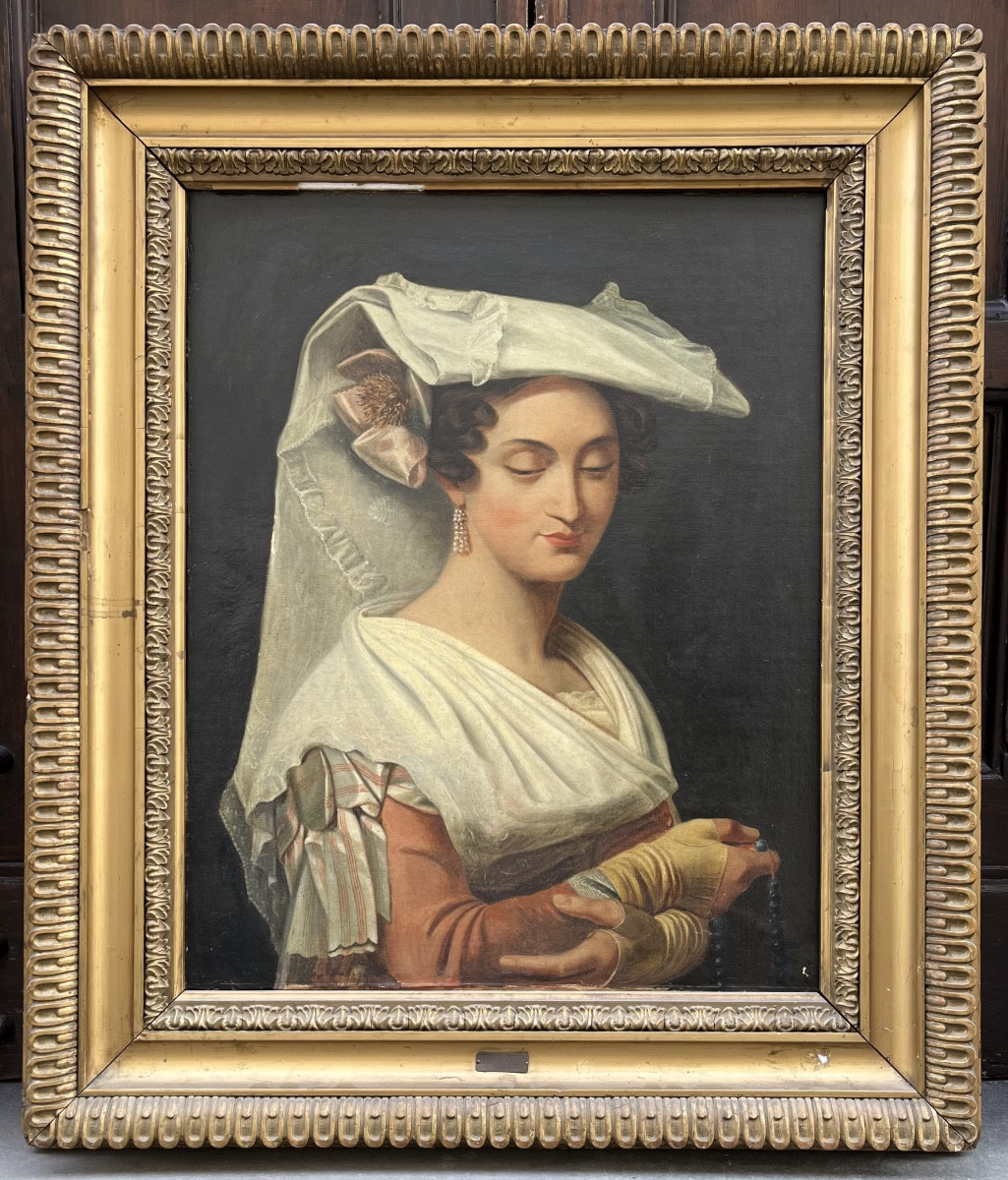 Italienne en costume laziale de la campagne romaine avec voile, chapelet et manchettes, XIXe s.