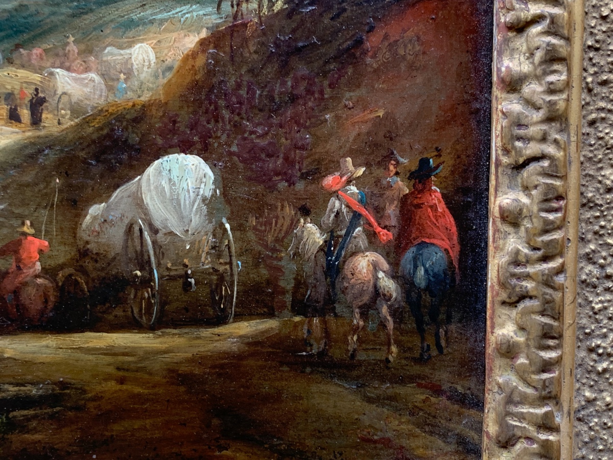 Paire de peintures sur cuivre, marche militaire avec cavalerie.Adam Frans van der Meulen, XVIIe-photo-5