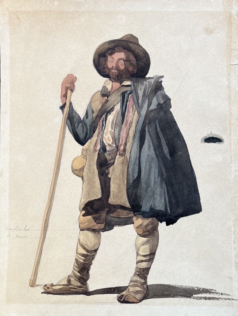 Paysan italien en costume traditionnel ciociaro, Campagne romaine,inscriptions en français,XIXe
