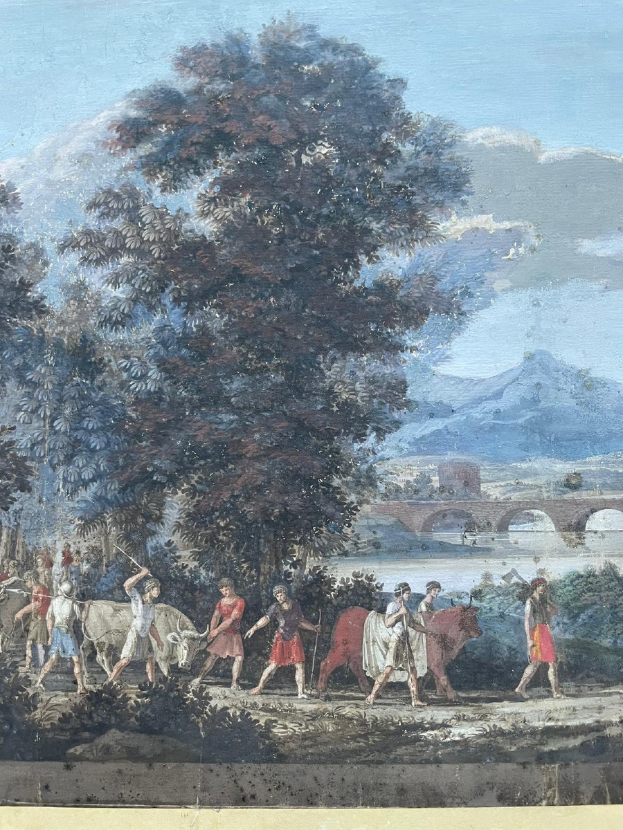 Gouache néoclassique avec temple circulaire, pont et sarcophage, goût Grand Tour-photo-3