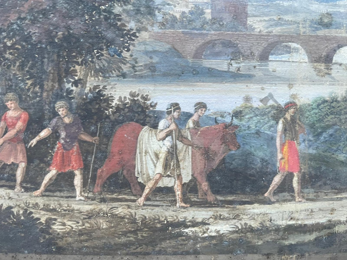 Gouache néoclassique avec temple circulaire, pont et sarcophage, goût Grand Tour-photo-2