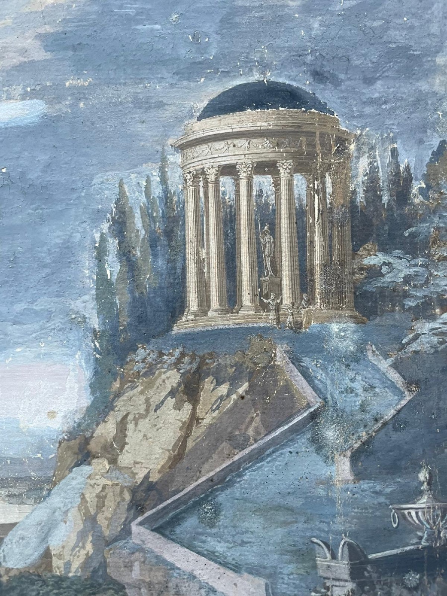 Gouache néoclassique avec temple circulaire, pont et sarcophage, goût Grand Tour-photo-4