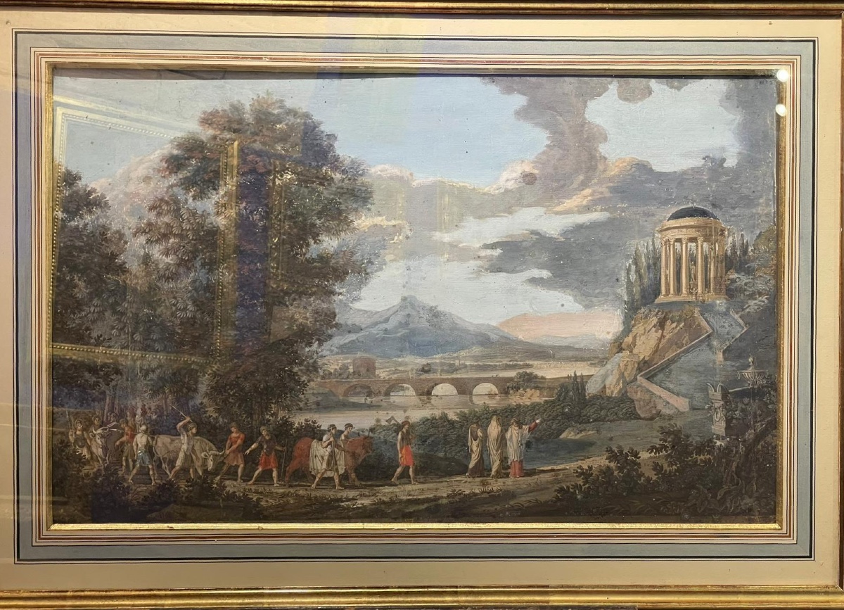 Gouache néoclassique avec temple circulaire, pont et sarcophage, goût Grand Tour-photo-1