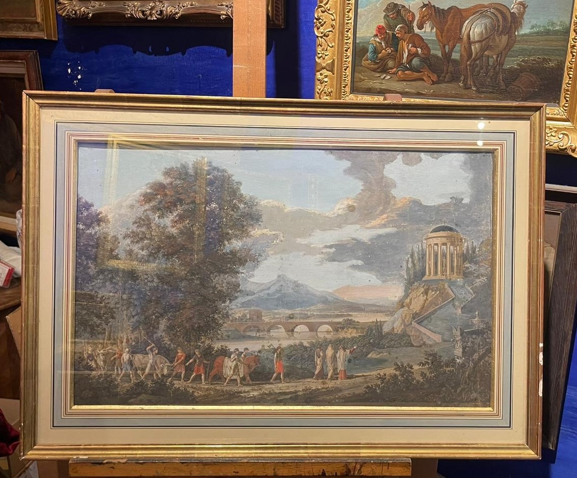 Gouache néoclassique avec temple circulaire, pont et sarcophage, goût Grand Tour-photo-2