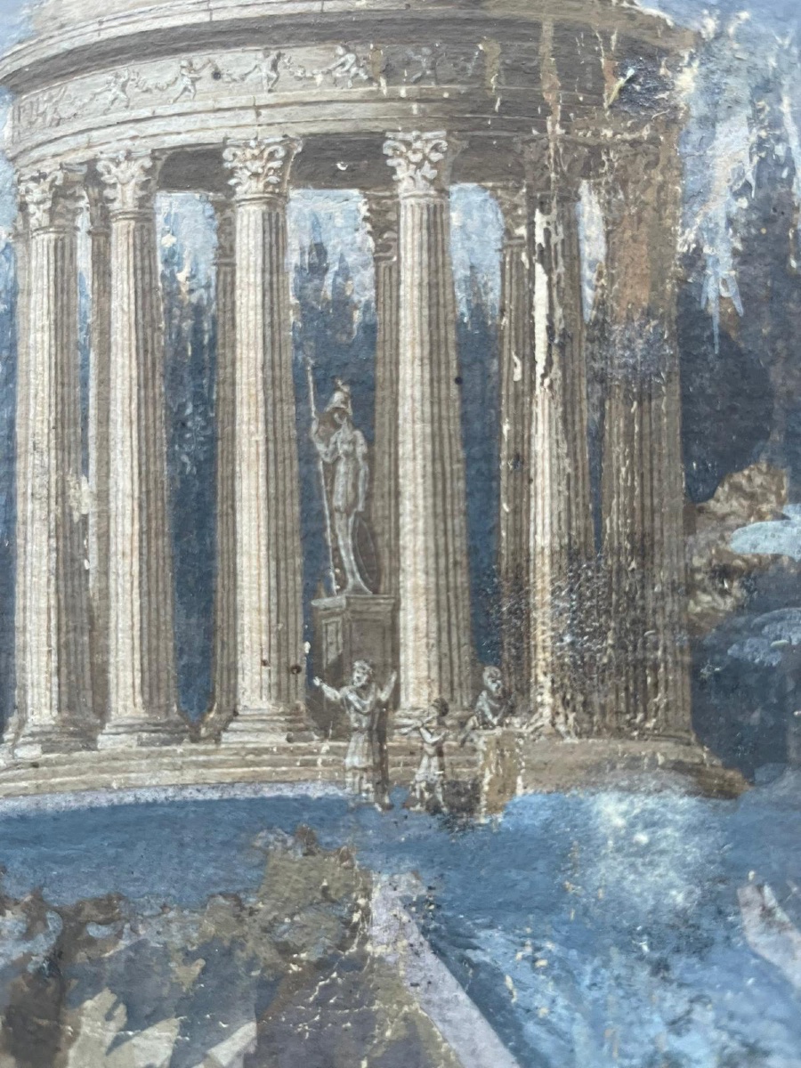 Gouache néoclassique avec temple circulaire, pont et sarcophage, goût Grand Tour-photo-3