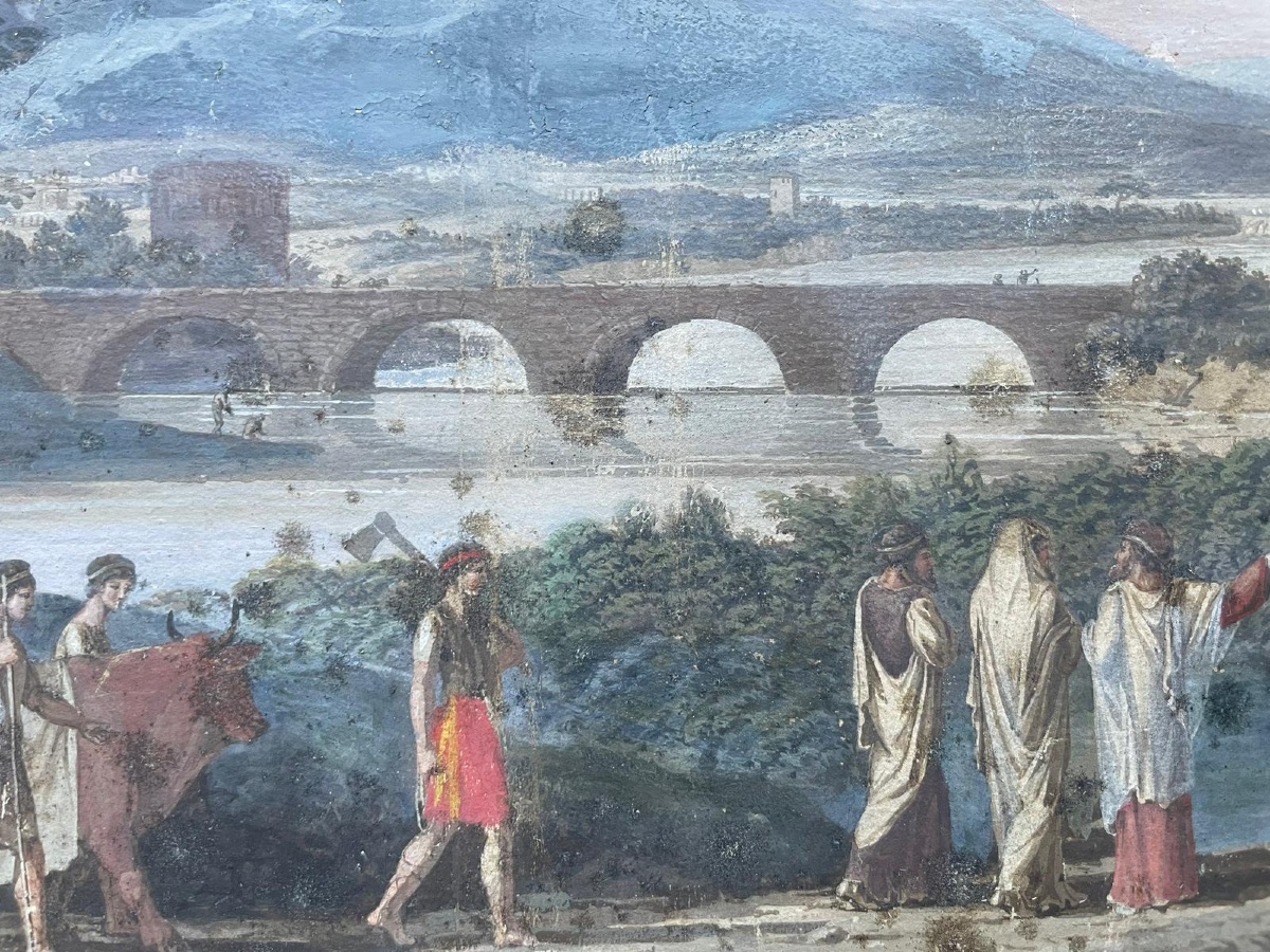 Gouache néoclassique avec temple circulaire, pont et sarcophage, goût Grand Tour-photo-8