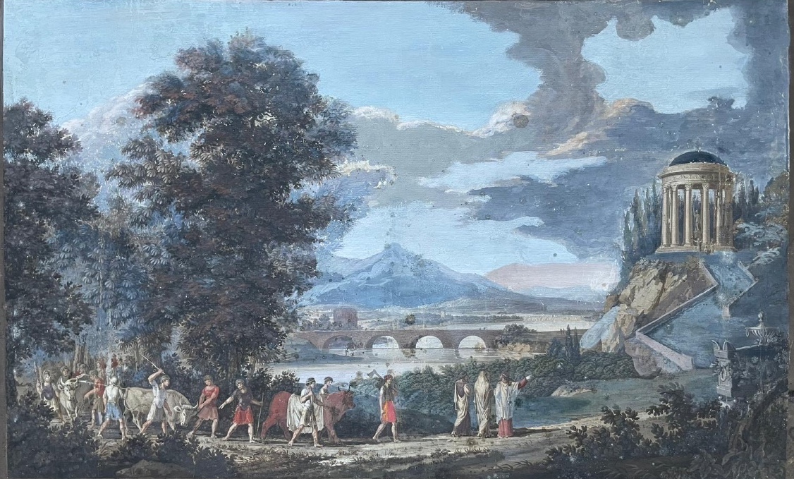 Neoclassical Gouache With Circular Temple, Bridge And Sarcophagus, Grand Tour Taste