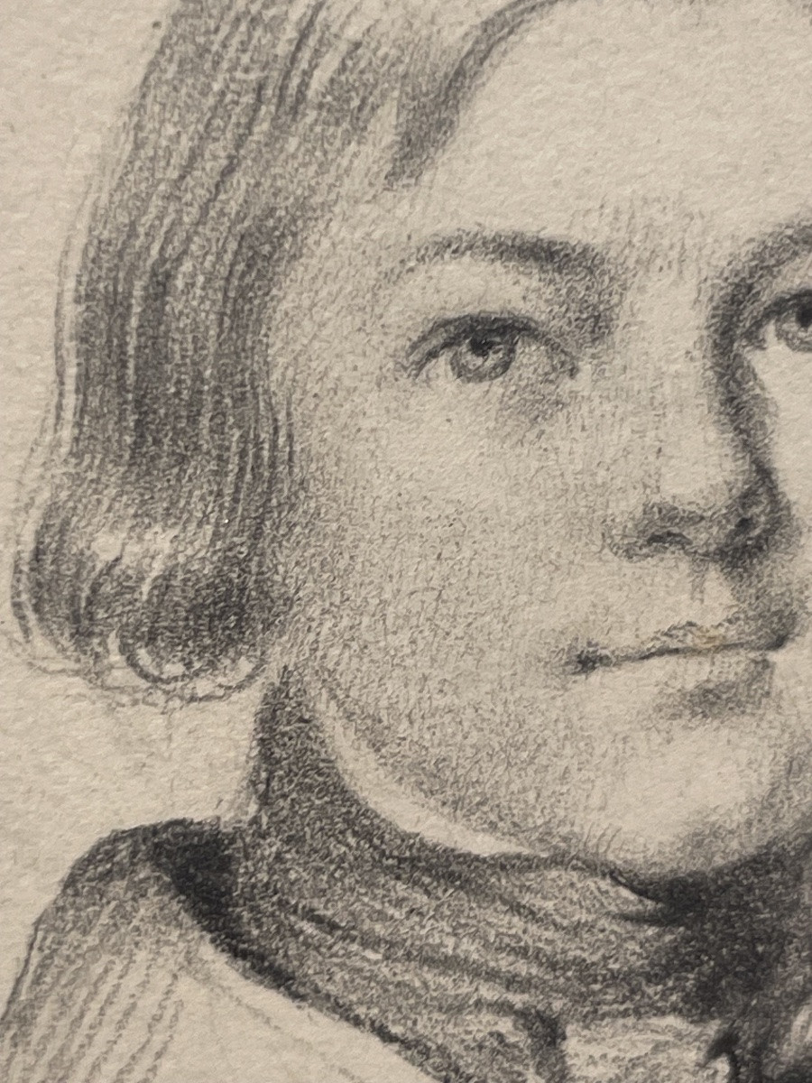 Portrait jeune homme cravate stock, dessin graphite, époque Restauration XIXe-photo-3