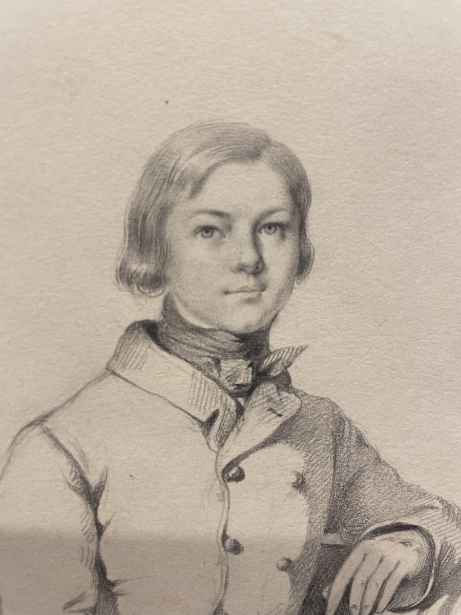 Portrait jeune homme cravate stock, dessin graphite, époque Restauration XIXe-photo-1