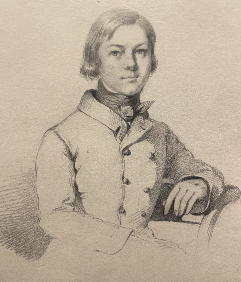 Portrait jeune homme cravate stock, dessin graphite, époque Restauration XIXe