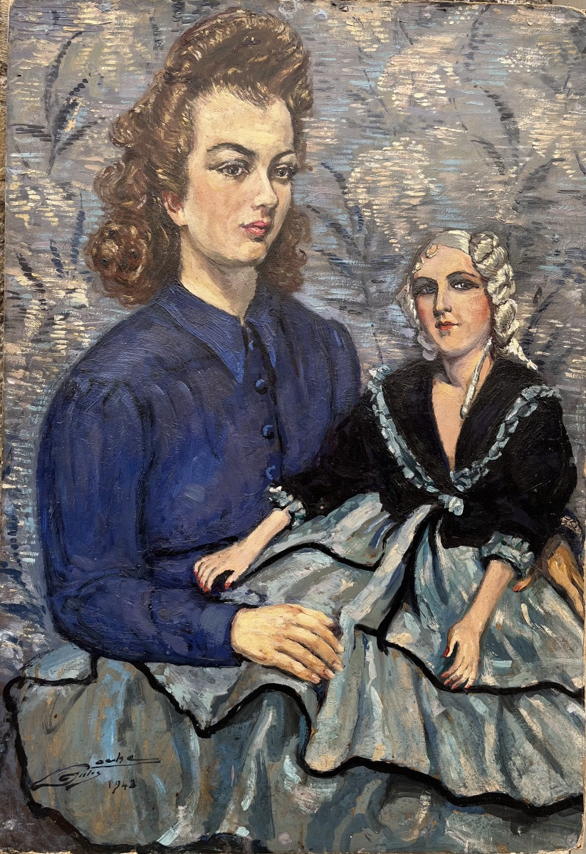 Art Deco Portrait Of A Young Woman With A Boudoir Doll, 1943, Cm 91 X 63 
