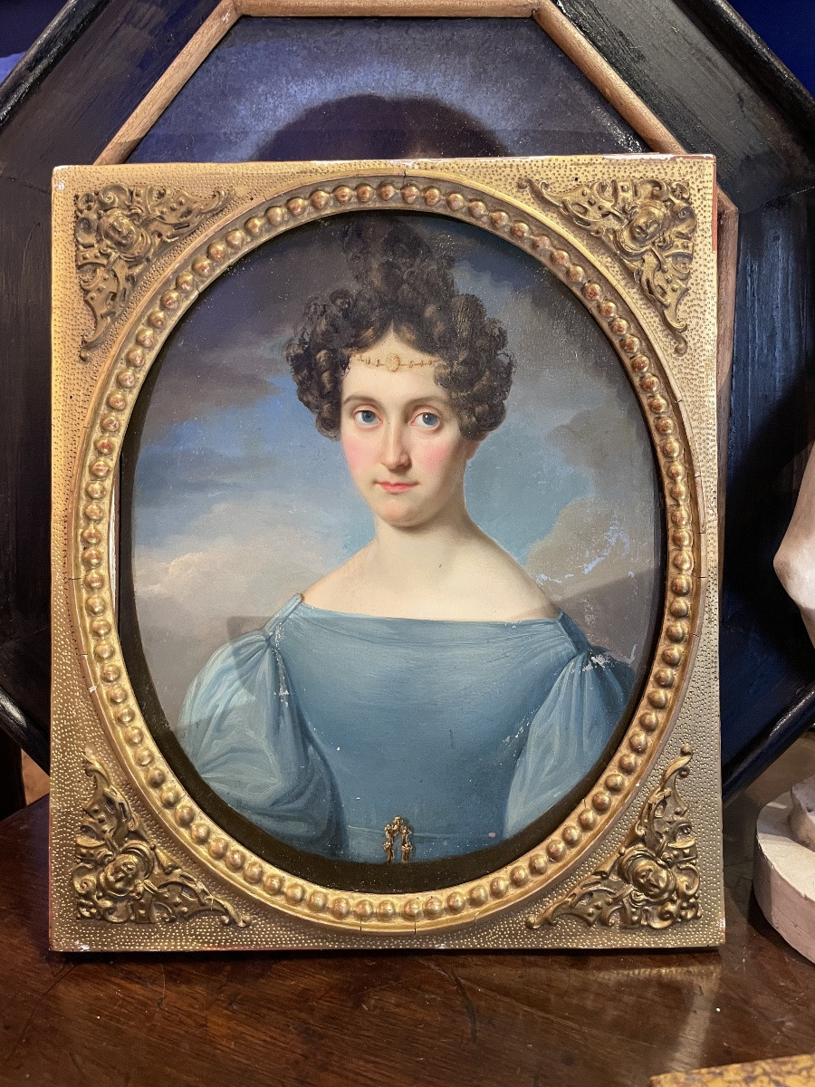Portrait Of A Lady With Ferronnière And Blue Dress. Austrian Or North Italian School, Ca. 1830 -photo-4
