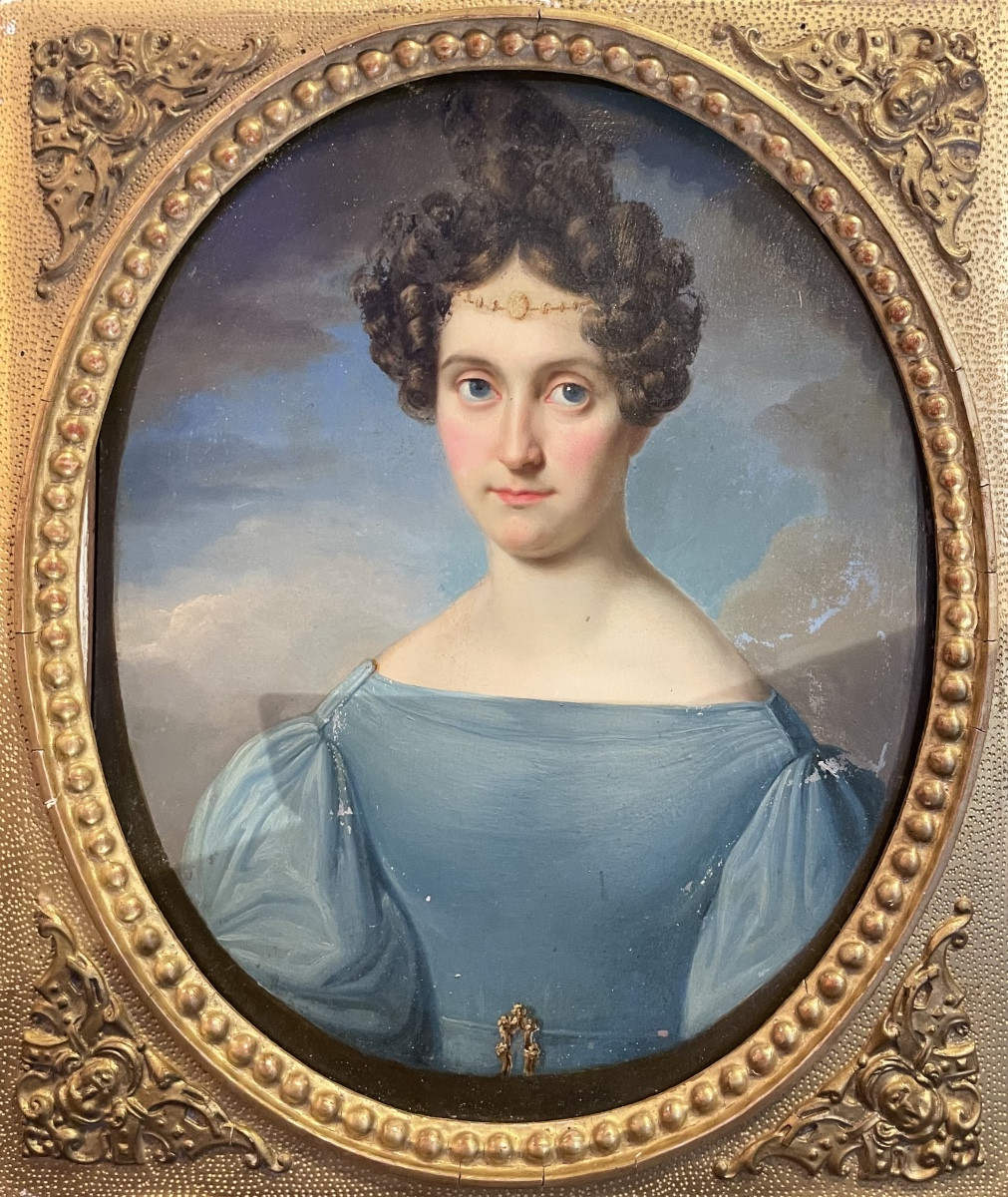 Portrait Of A Lady With Ferronnière And Blue Dress. Austrian Or North Italian School, Ca. 1830 