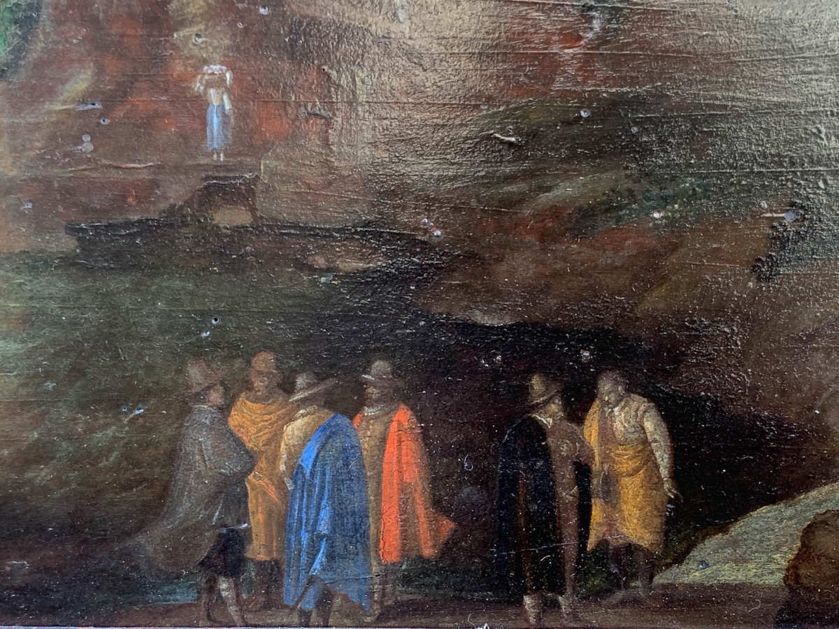 Peintre nordique actif en Italie, Paysage rocheux avec barques, hommes et chevaux, XVIIe siècle-photo-2