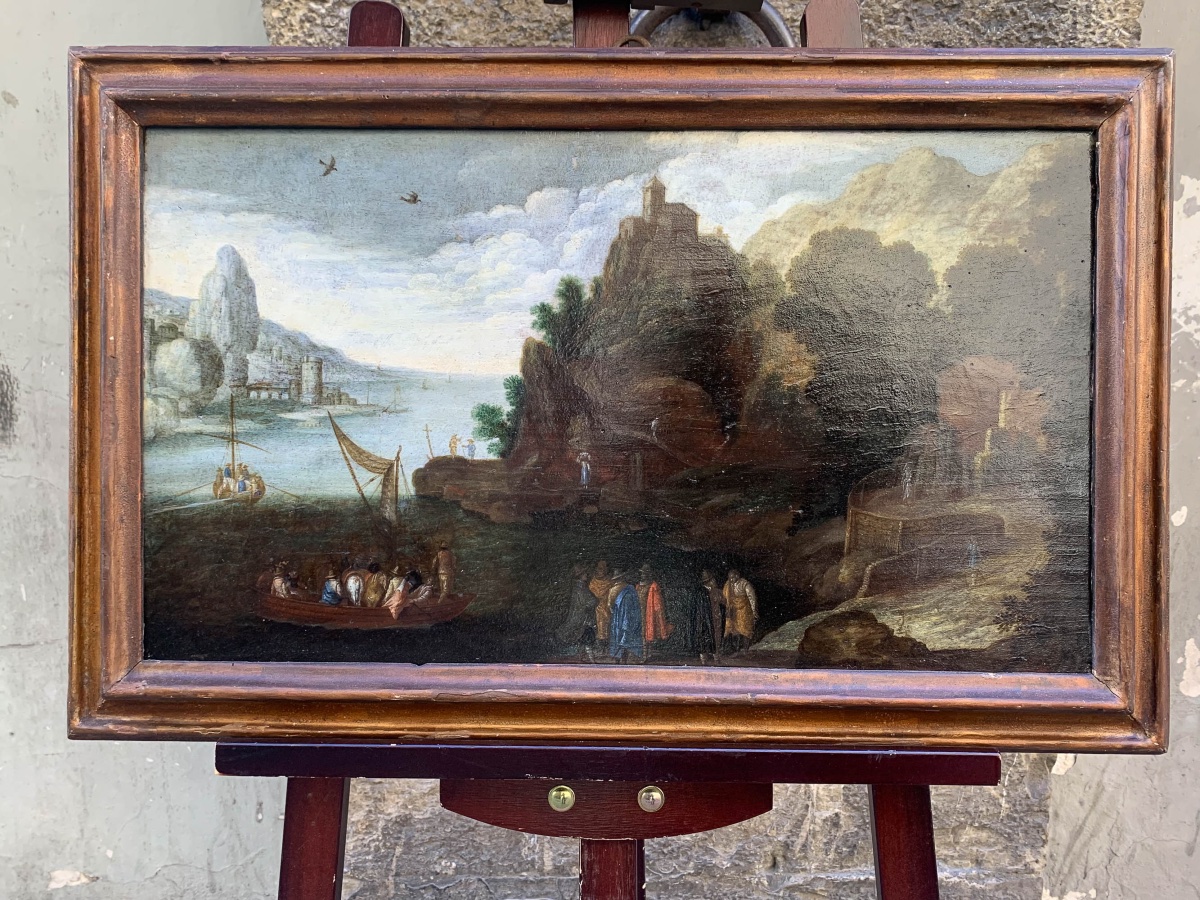 Peintre nordique actif en Italie, Paysage rocheux avec barques, hommes et chevaux, XVIIe siècle-photo-3