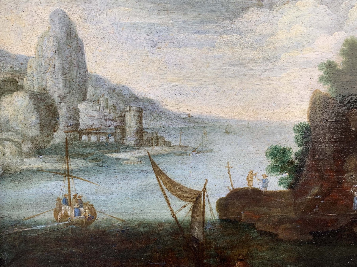Peintre nordique actif en Italie, Paysage rocheux avec barques, hommes et chevaux, XVIIe siècle-photo-4