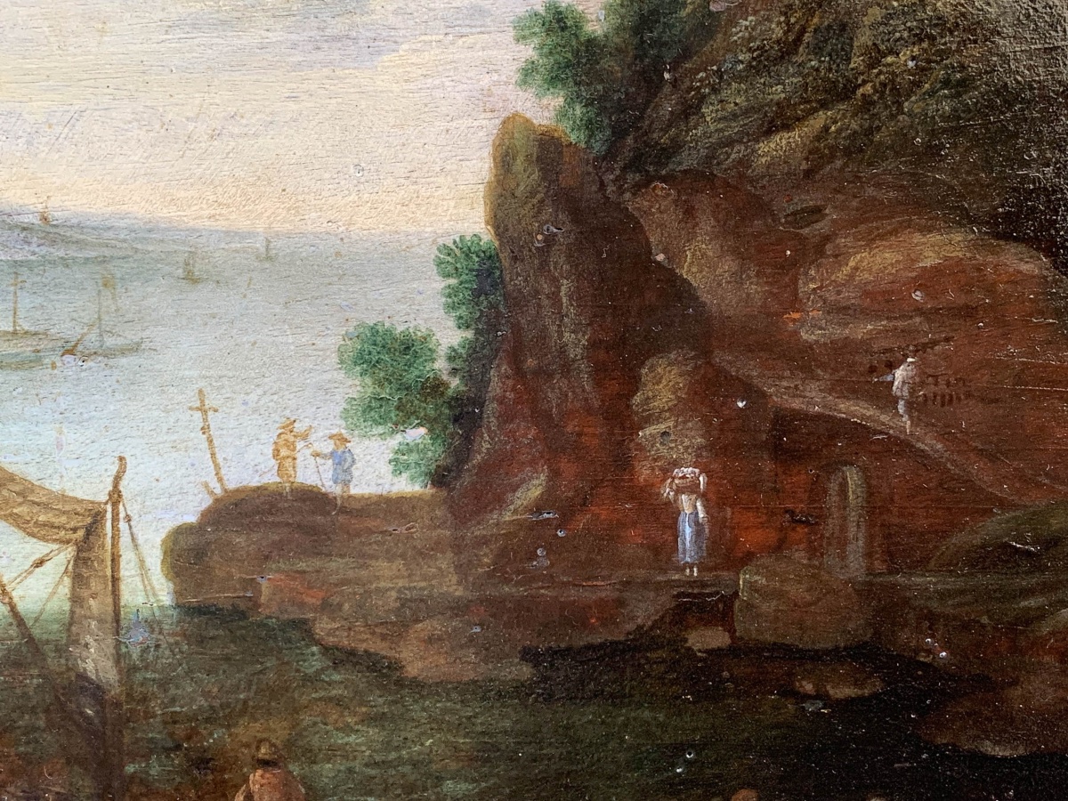 Peintre nordique actif en Italie, Paysage rocheux avec barques, hommes et chevaux, XVIIe siècle-photo-2