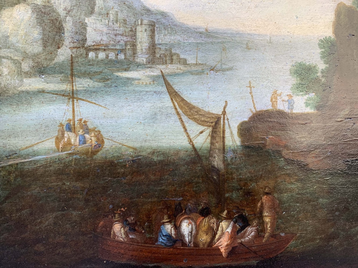 Peintre nordique actif en Italie, Paysage rocheux avec barques, hommes et chevaux, XVIIe siècle-photo-3