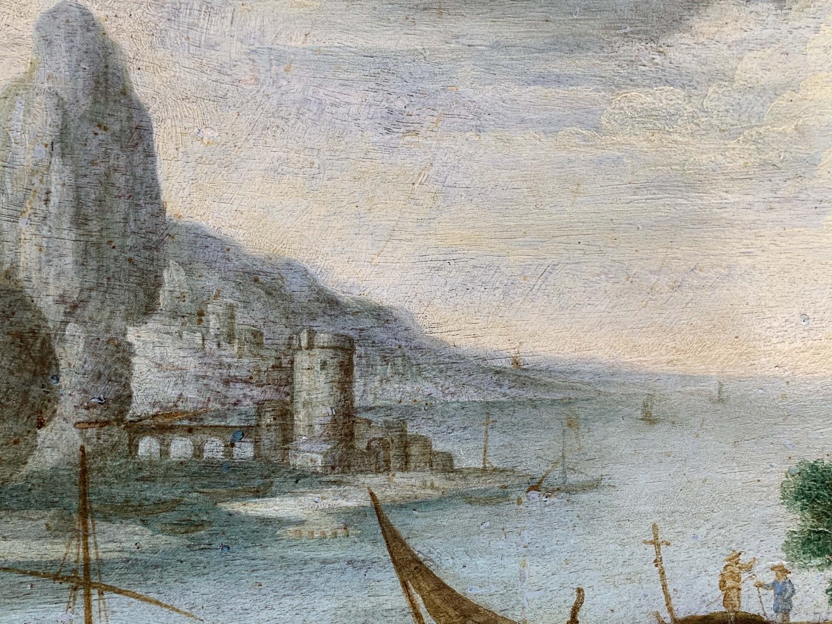 Peintre nordique actif en Italie, Paysage rocheux avec barques, hommes et chevaux, XVIIe siècle-photo-4