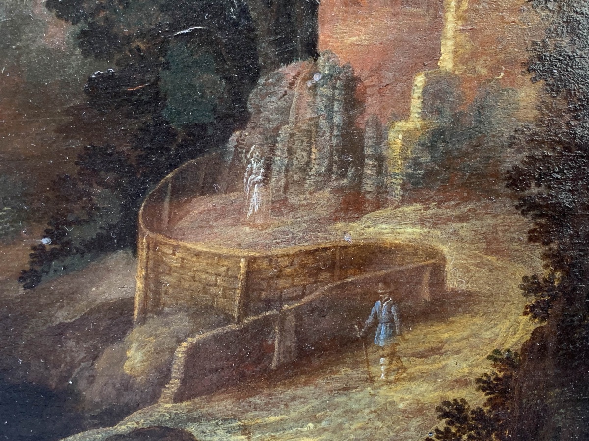 Peintre nordique actif en Italie, Paysage rocheux avec barques, hommes et chevaux, XVIIe siècle-photo-6