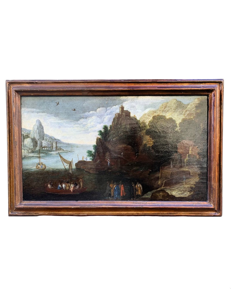Peintre nordique actif en Italie, Paysage rocheux avec barques, hommes et chevaux, XVIIe siècle