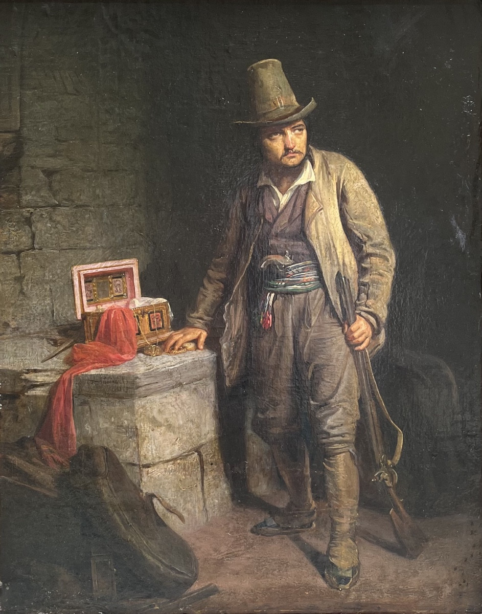 Brigand italien dans son refuge avec coffret de bijoux, signé Pauwels, v.1850-photo-1