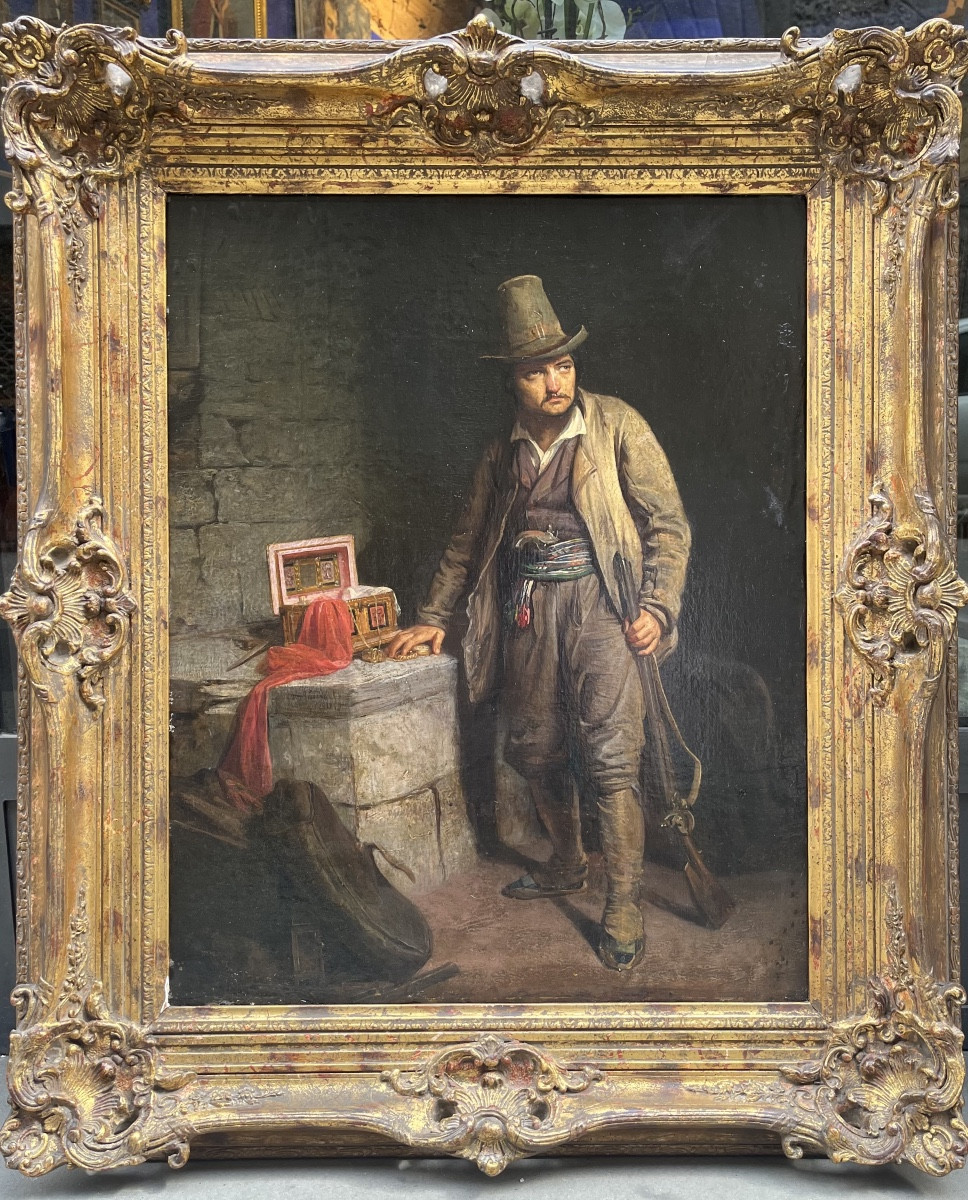 Brigand italien dans son refuge avec coffret de bijoux, signé Pauwels, v.1850
