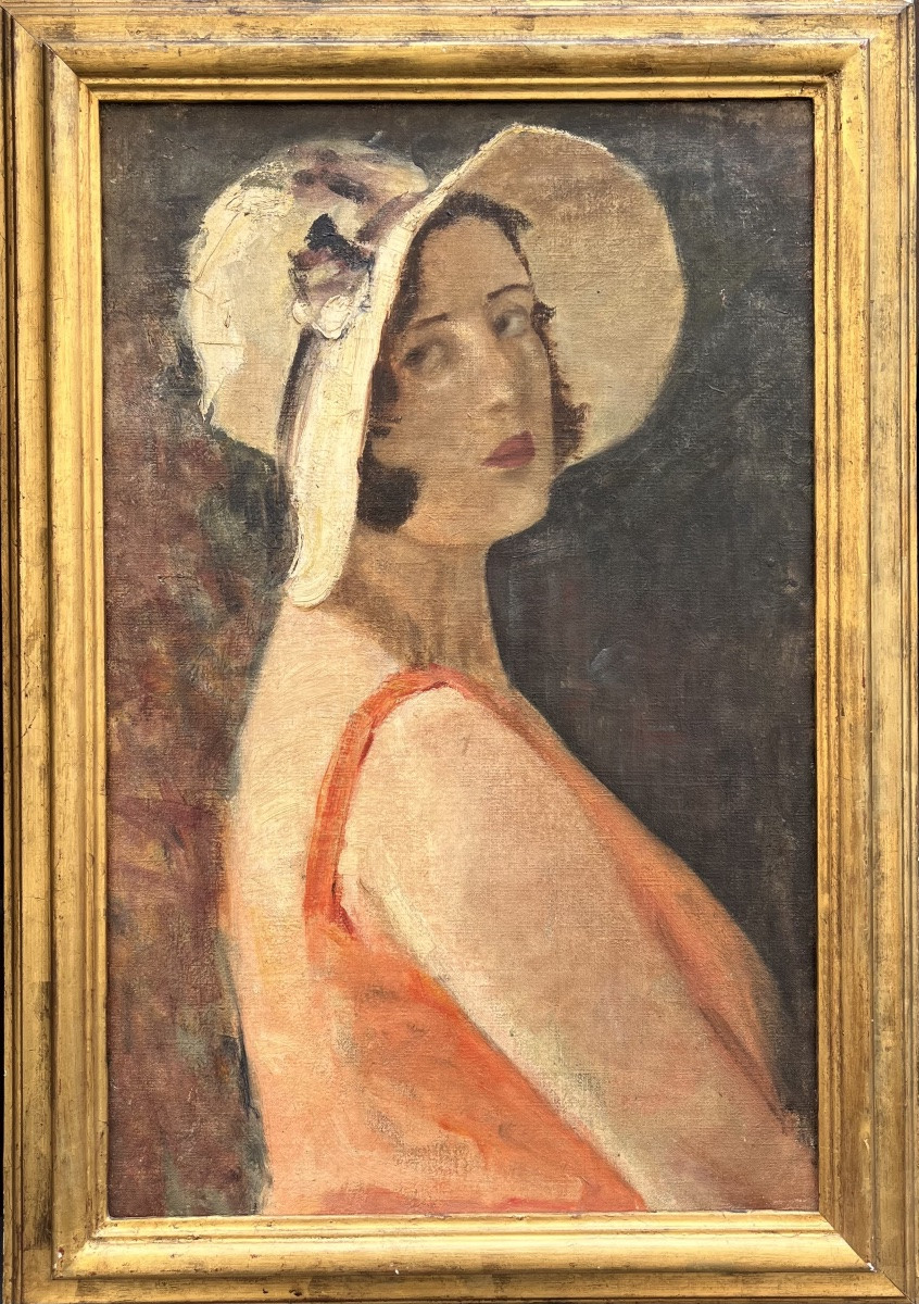 Female Portrait With White Hat, Vittorio Gussoni (?) (milan, 1893 – Sanremo, 1968), Ca. 1940-photo-3