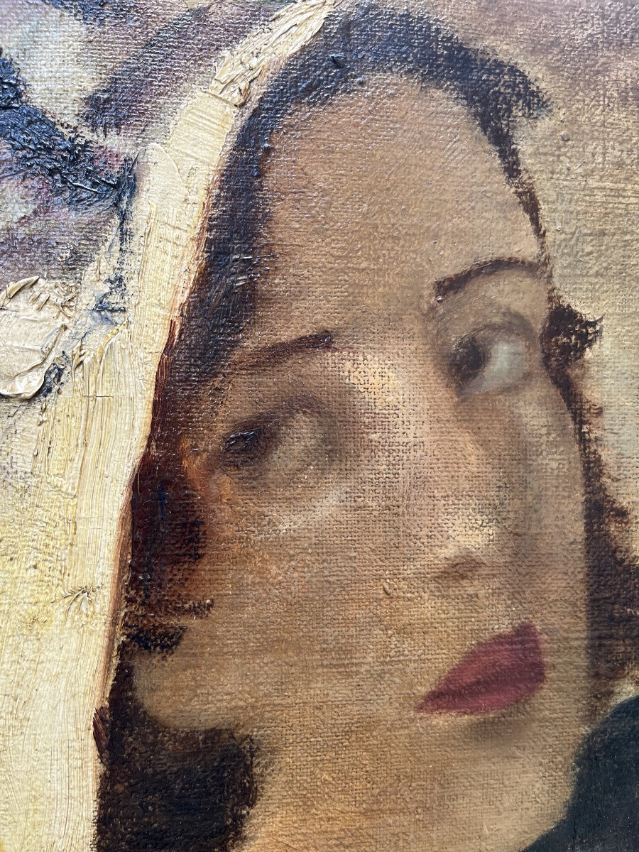 Female Portrait With White Hat, Vittorio Gussoni (?) (milan, 1893 – Sanremo, 1968), Ca. 1940-photo-7
