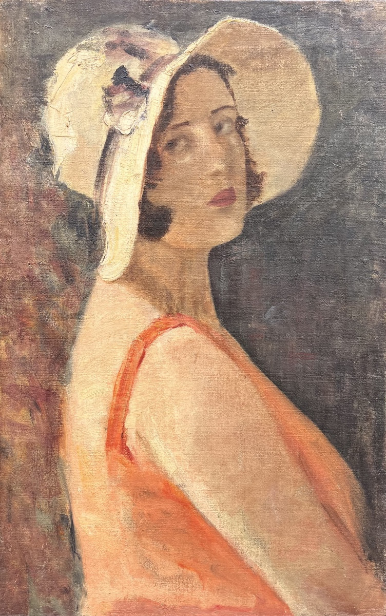 Female Portrait With White Hat, Vittorio Gussoni (?) (milan, 1893 – Sanremo, 1968), Ca. 1940