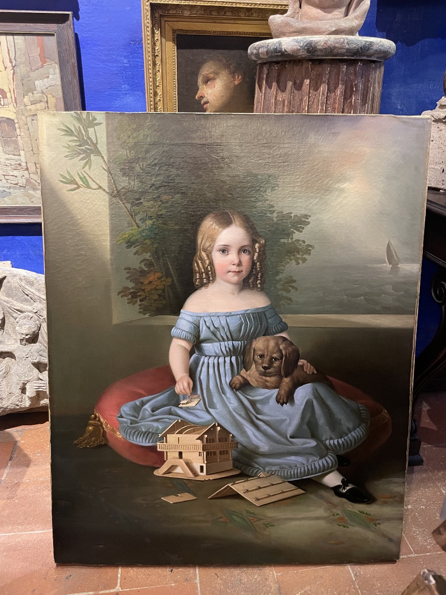 Portrait Of Young Girl With Dog And Tyrolean House Model, Northern Italy Or Austria 1835-photo-1