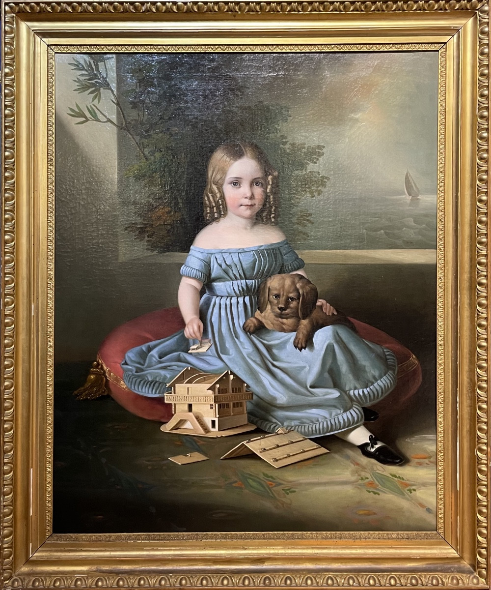 Portrait Of Young Girl With Dog And Tyrolean House Model, Northern Italy Or Austria 1835