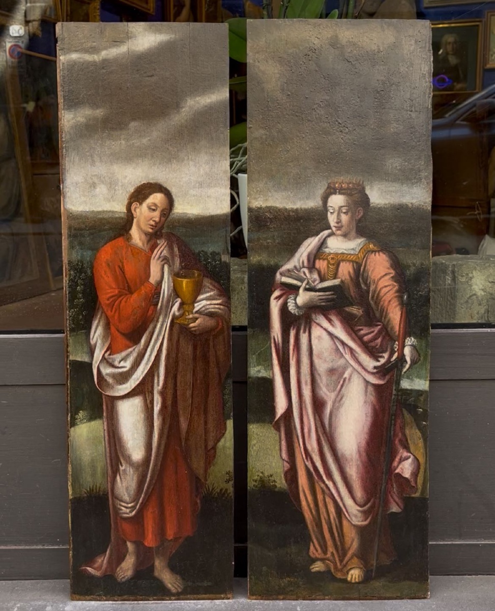 Sainte Catherine et Saint Jean, deux volets de polyptyque, école flamande, XVIe siècle  