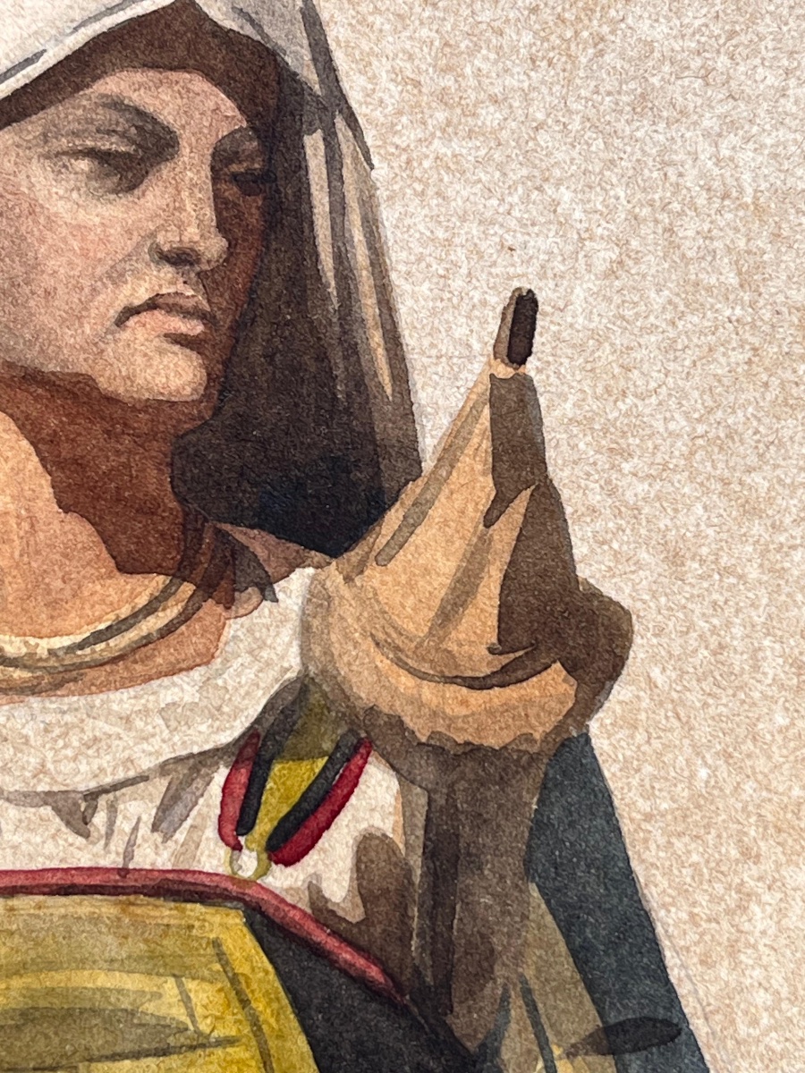 Italian Woman In Traditional Dress From The Ciociaria Or Abruzzo Regions, Holding A Spindle, 19th Century  Watercolor -photo-1